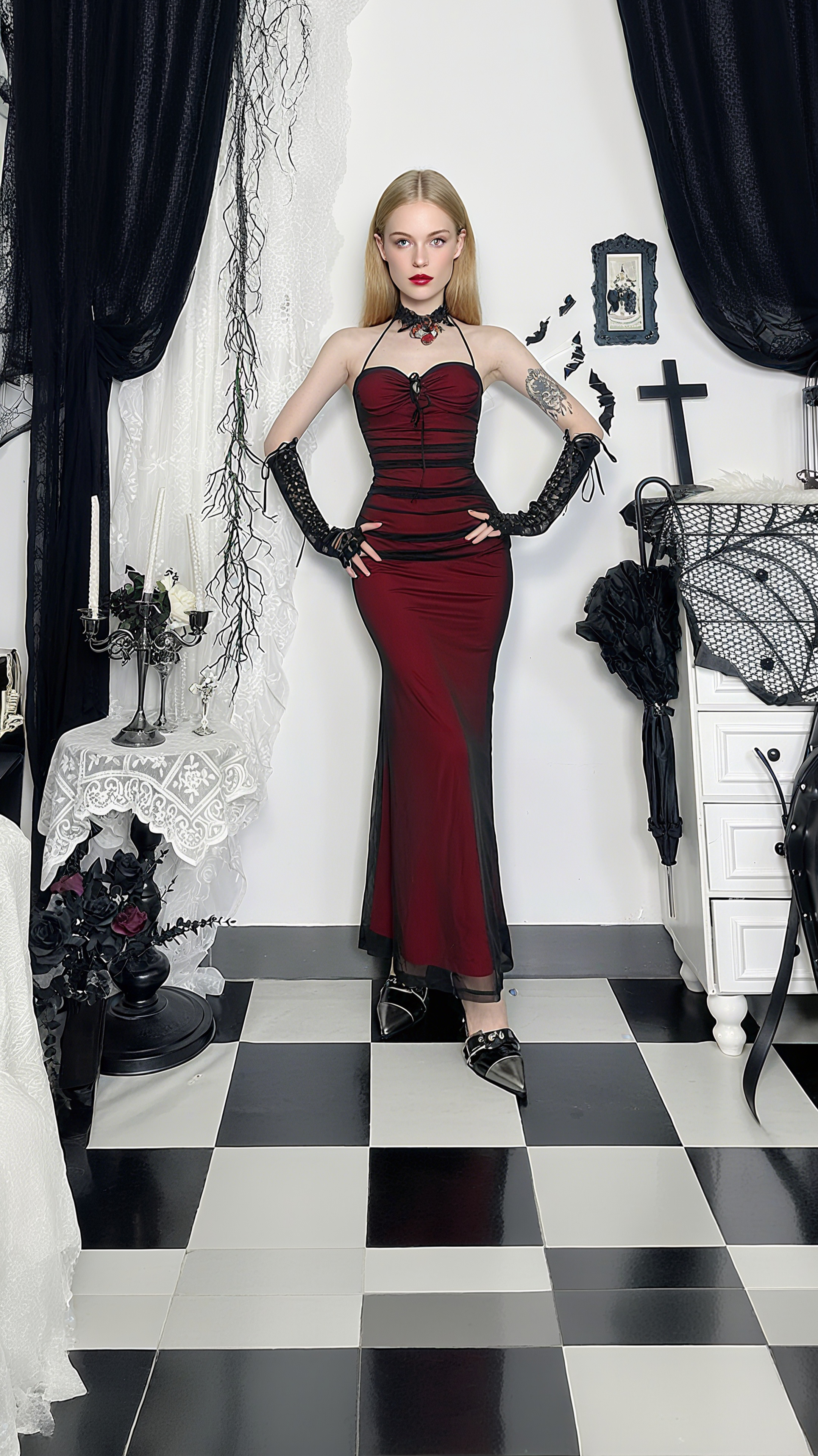 Haunted Elegance Halter Maxi Dress - Gothic Glamour for Fall & Halloween