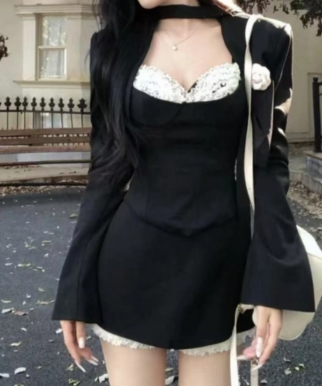 Chic Black & Lace 3-Piece Blazer & Mini Shorts Set - Perfect for Fall & Holiday Parties