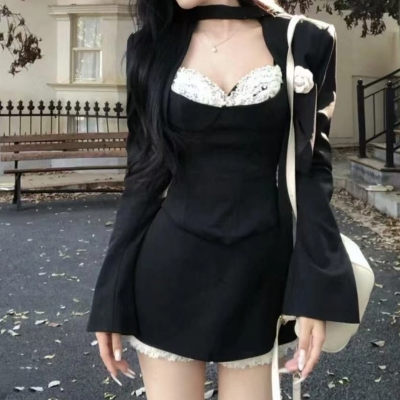 Chic Black & Lace 3-Piece Blazer & Mini Shorts Set - Perfect for Fall & Holiday Parties