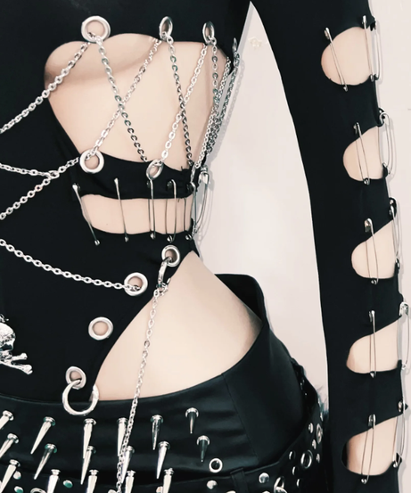 Women's Edgy Gothic Bodysuit: Skull, Chains & Safety Pin Cut-Outs | Halloween & Fall Concert Ready