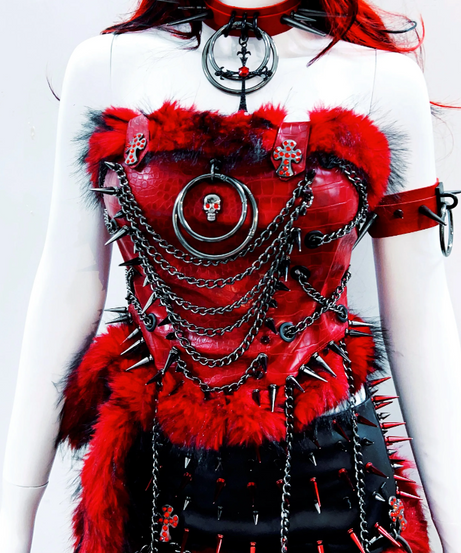 Fierce Red Gothcore Spiked Faux Leather & Faux Fur Tube Top | Halloween & Rave Ready