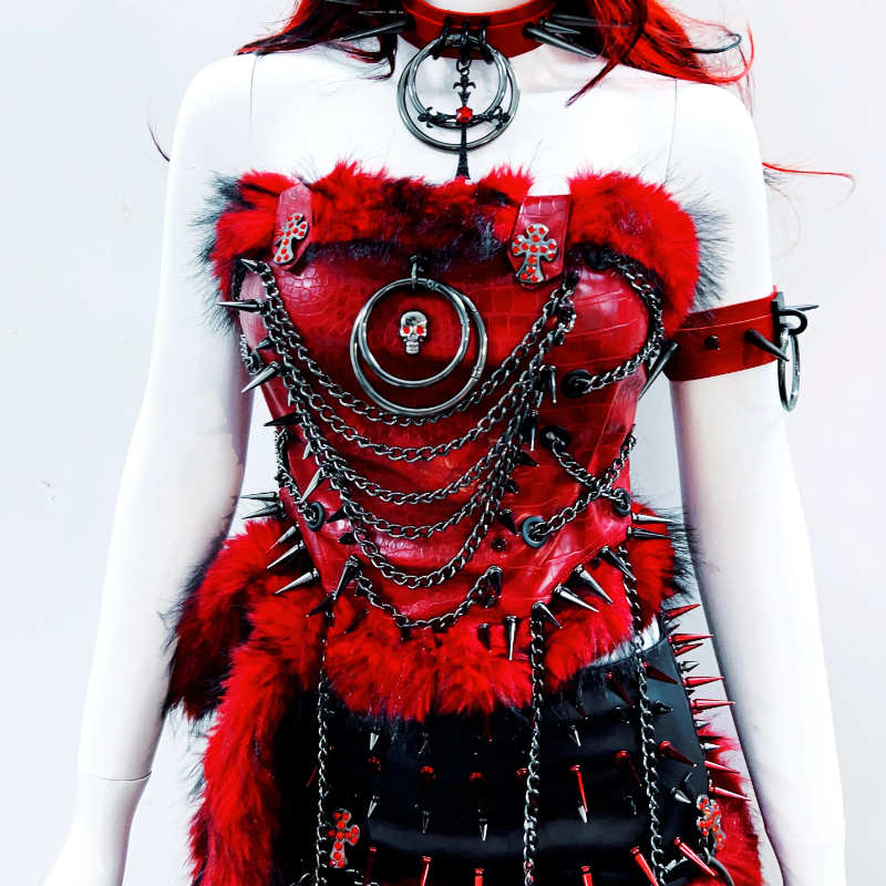 Fierce Red Gothcore Spiked Faux Leather & Faux Fur Tube Top | Halloween & Rave Ready