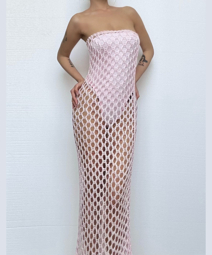 Blush Pink Crochet Maxi Dress & Strapless Bodysuit Set - Your Bold Fall Getaway & Party Statement
