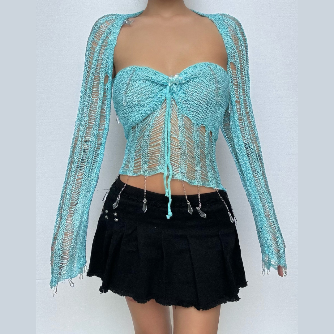 Y2K Aqua Distressed Knit Shrug & Bustier Top Set with Crystal Charms