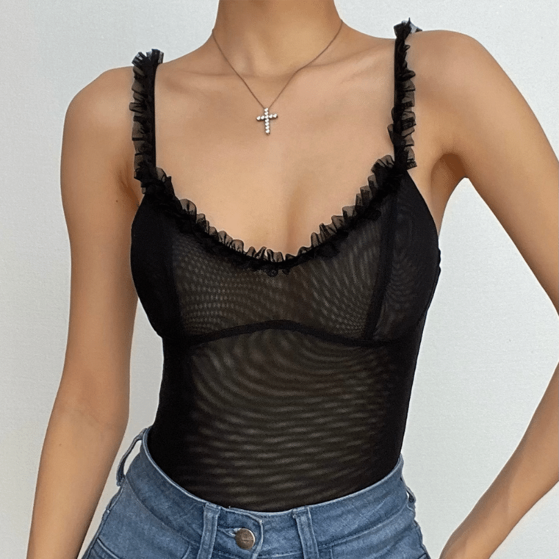 Sultry Black Ruffle Mesh Bodysuit - Your Chic Fall & Night Out Essential