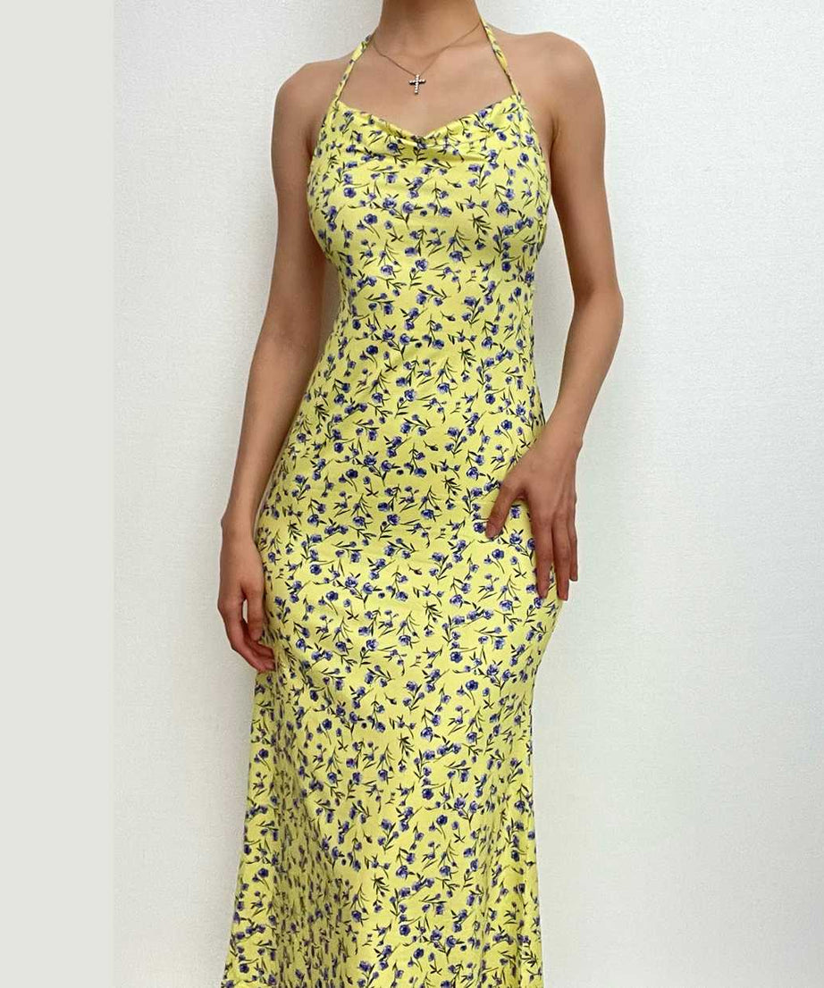 Sunny Bloom Halter Cowl Neck Midi Dress | Effortless Yellow Floral Backless Style for Fall & Resort