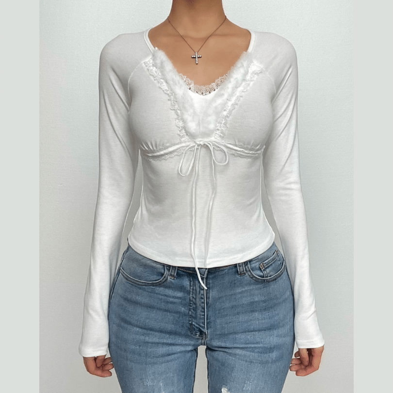 Y2K Chic! Women's Romantic Lace Tie-Front V-Neck Long Sleeve Top - Fall Essential