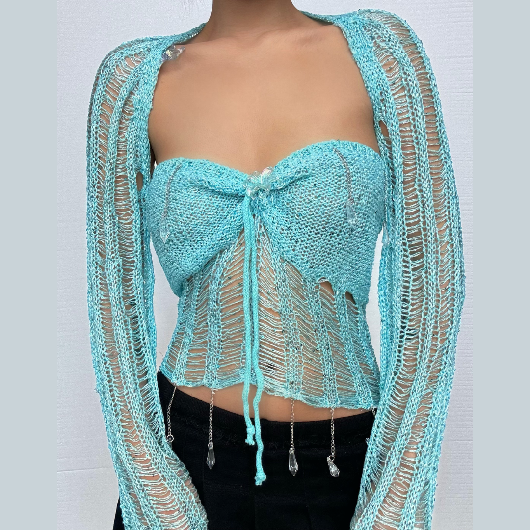 Y2K Aqua Distressed Knit Shrug & Bustier Top Set with Crystal Charms