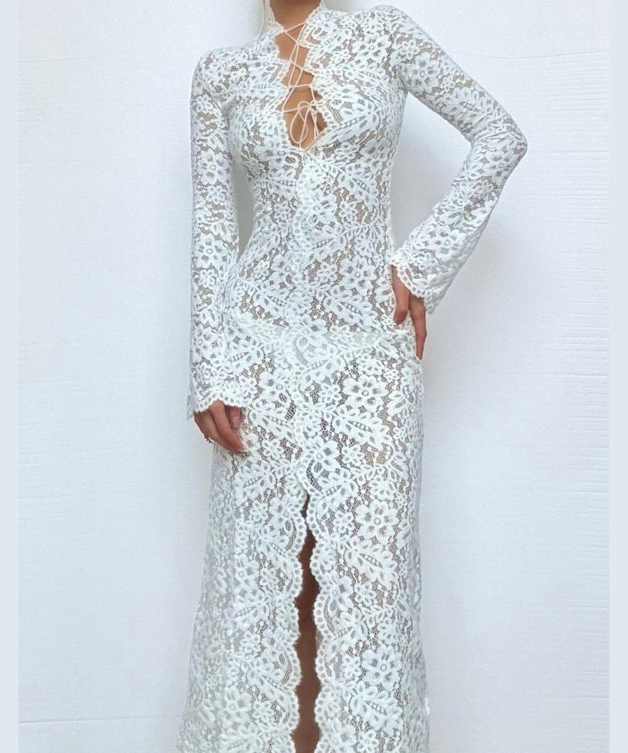 Ethereal White Lace Maxi Dress with Seductive Slit & Lace-Up Neckline – Perfect for Fall & Holiday Soirees