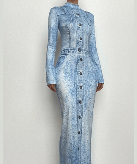 Effortless Fall Chic: Acid Wash Denim Illusion Long Sleeve Maxi Dress