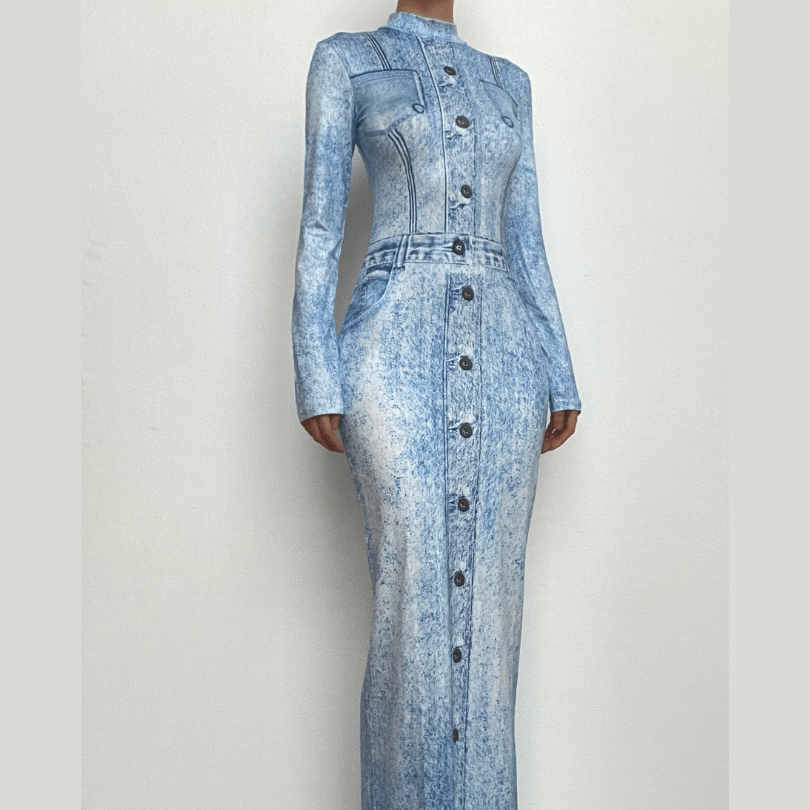 Effortless Fall Chic: Acid Wash Denim Illusion Long Sleeve Maxi Dress