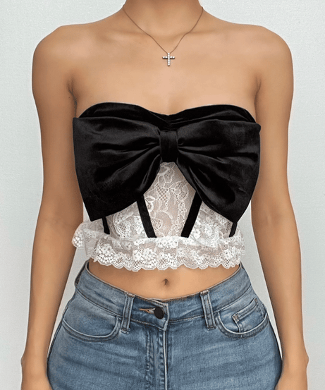 The Chic Velvet Bow & Lace Strapless Crop Top - Fall & Holiday Party Perfect!