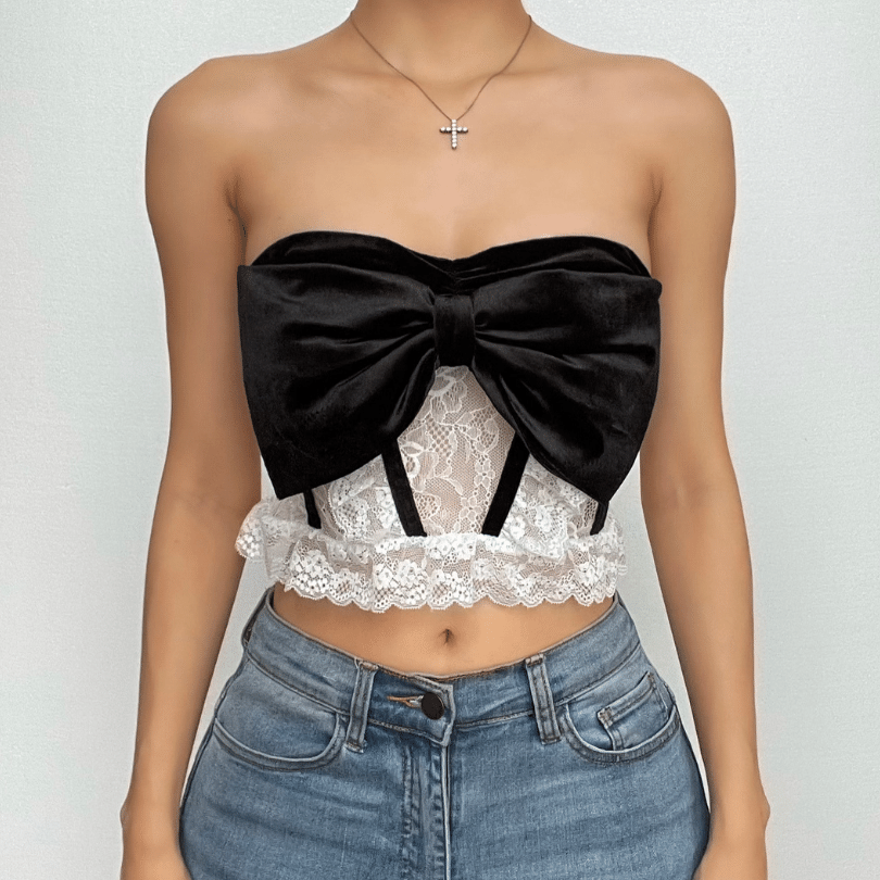 The Chic Velvet Bow & Lace Strapless Crop Top - Fall & Holiday Party Perfect!