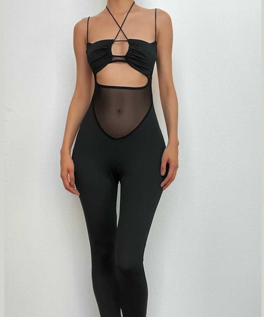 Bold Black Mesh Panel Cutout Halter Jumpsuit - Your Ultimate Fall Night Out Statement