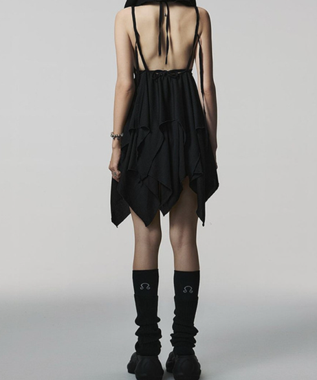 Haunted Glam Black Asymmetrical Mini Dress - Edgy Deep V Cami for Fall Nights & Halloween