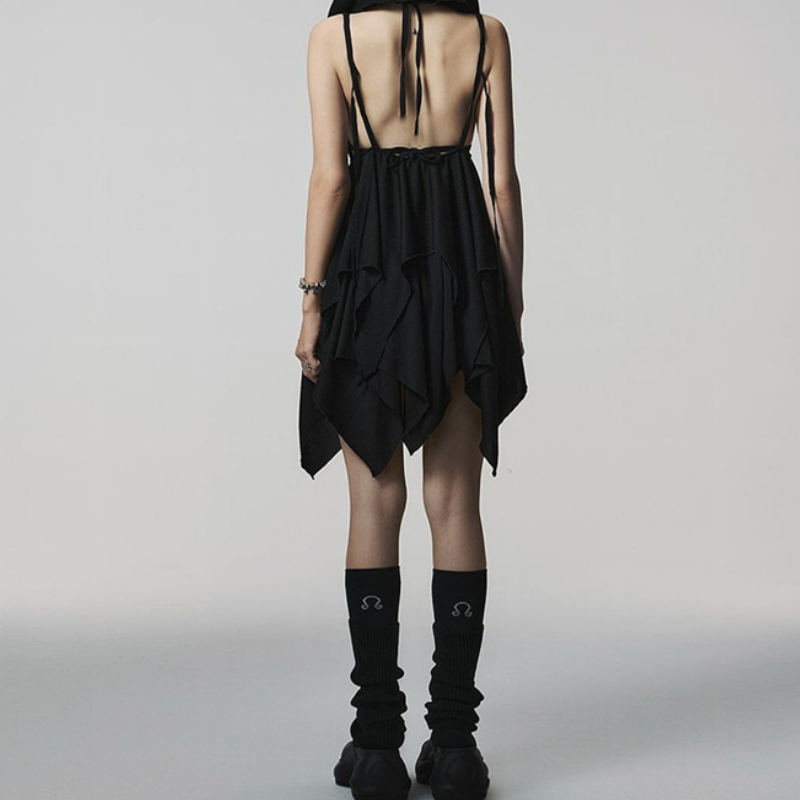 Haunted Glam Black Asymmetrical Mini Dress - Edgy Deep V Cami for Fall Nights & Halloween