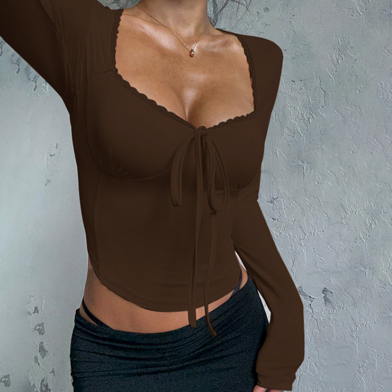 Effortless Fall Chic: Square Neck Tie-Front Long Sleeve Top