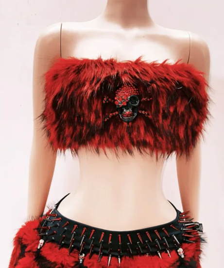 Spooky Chic Crimson Faux Fur Skull Tube Top - Your Ultimate Halloween & Fall Festival Statement