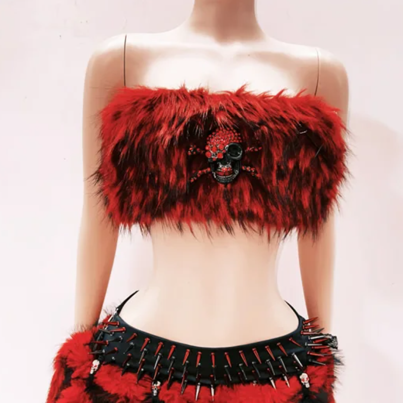 Spooky Chic Crimson Faux Fur Skull Tube Top - Your Ultimate Halloween & Fall Festival Statement