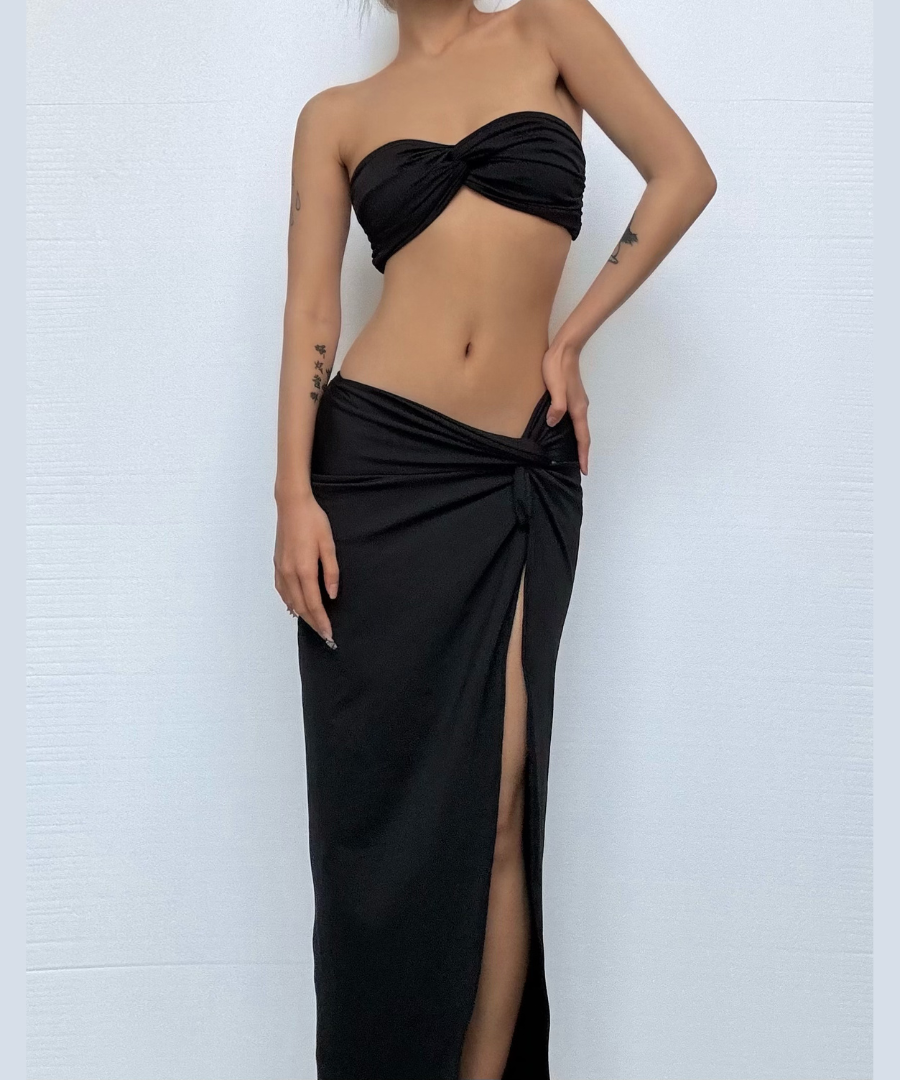 Chic Black Twisted Bandeau Crop Top & High Slit Maxi Skirt Set - Fall Evenings & Resort Getaways