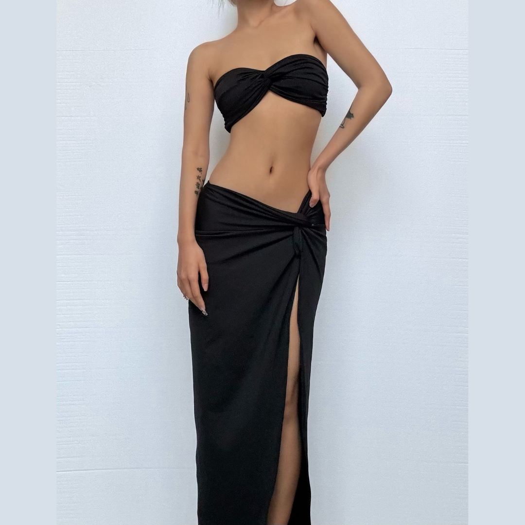 Chic Black Twisted Bandeau Crop Top & High Slit Maxi Skirt Set - Fall Evenings & Resort Getaways