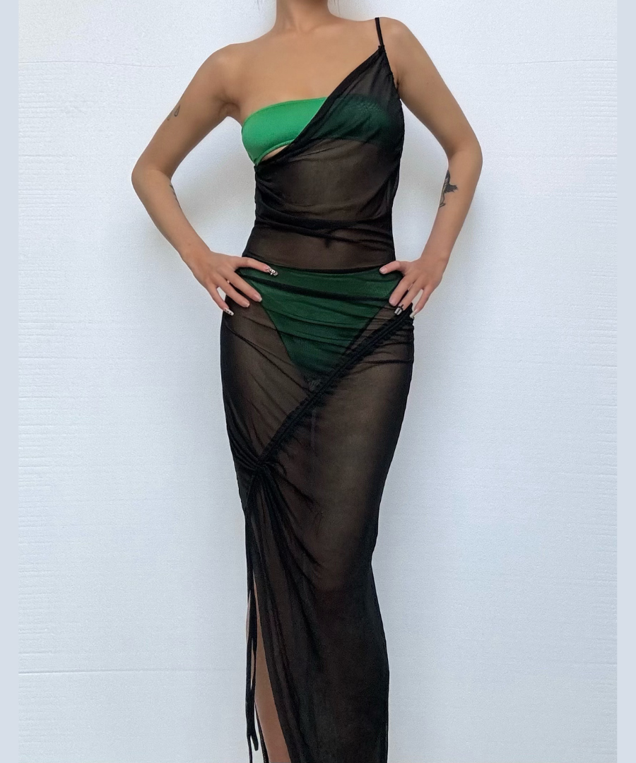 Siren Chic: Black Sheer Mesh One-Shoulder Maxi Dress Set - Your Ultimate Resort & Halloween Party Cover-Up