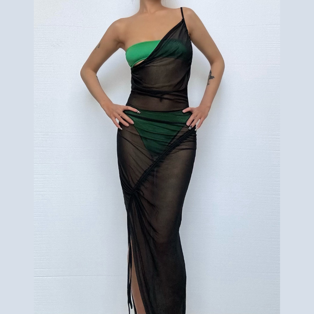 Siren Chic: Black Sheer Mesh One-Shoulder Maxi Dress Set - Your Ultimate Resort & Halloween Party Cover-Up