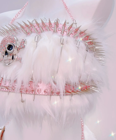 Pink Spiked Skull Fluffy Rave Set - Halloween & Y2K Party Queen Two-Piece