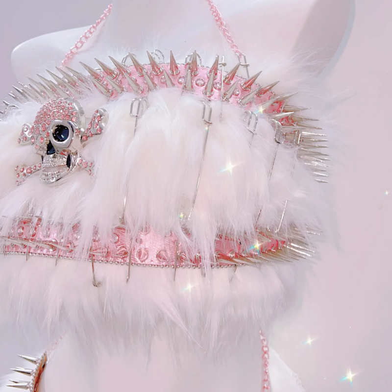 Pink Spiked Skull Fluffy Rave Set - Halloween & Y2K Party Queen Two-Piece