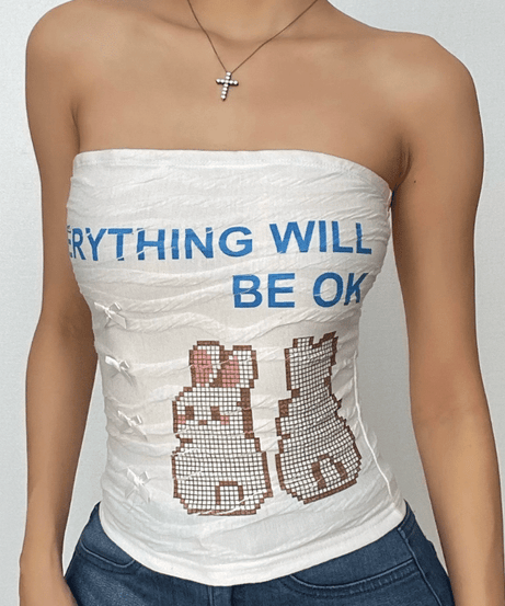Y2K "Everything Will Be OK" Pixel Bunny Tube Top | Trendy Fall Style with Bow Accents