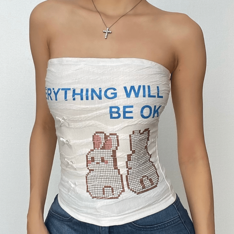 Y2K "Everything Will Be OK" Pixel Bunny Tube Top | Trendy Fall Style with Bow Accents