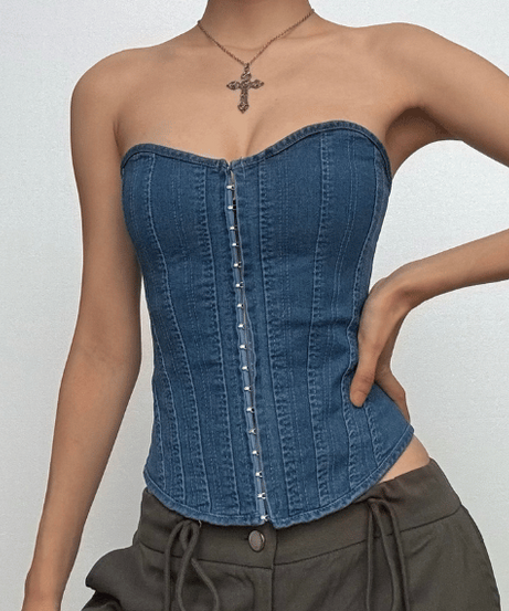 Y2K Edgy Denim Corset Top | Strapless Sweetheart Bustier for Fall Style
