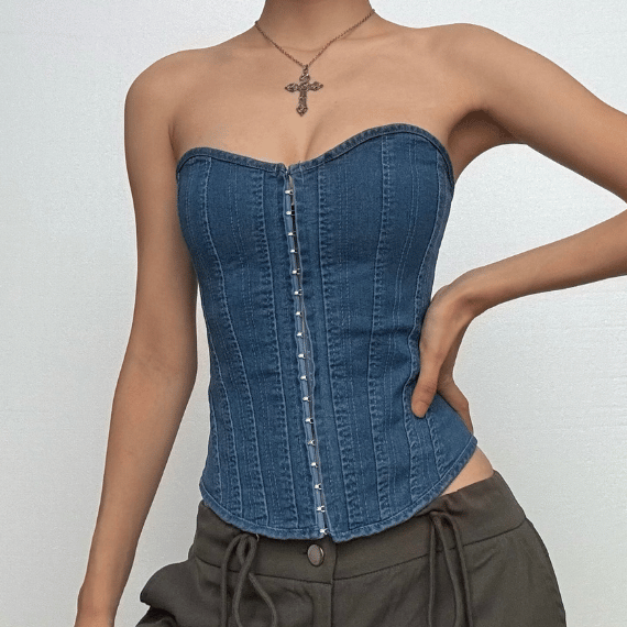 Y2K Edgy Denim Corset Top | Strapless Sweetheart Bustier for Fall Style