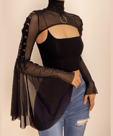 Mesmerizing Black Mesh O-Ring Shrug | Edgy Lace-Up Bell Sleeve Bolero for Fall & Halloween