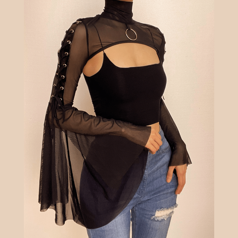 Mesmerizing Black Mesh O-Ring Shrug | Edgy Lace-Up Bell Sleeve Bolero for Fall & Halloween