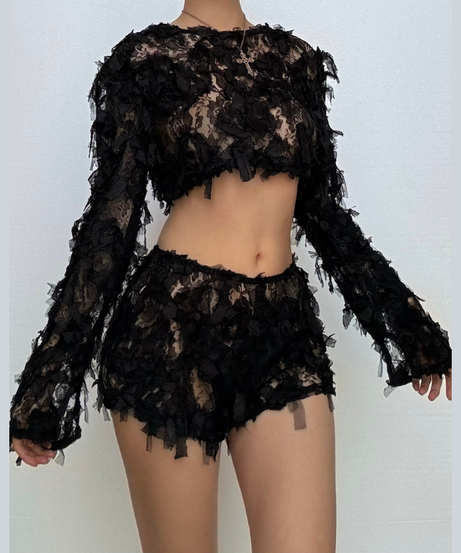 Spooky Chic Shredded Lace Crop Top & Shorts Set - Halloween & Party Ready