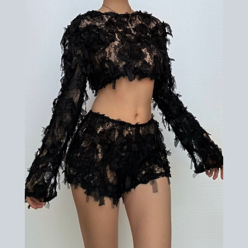 Spooky Chic Shredded Lace Crop Top & Shorts Set - Halloween & Party Ready