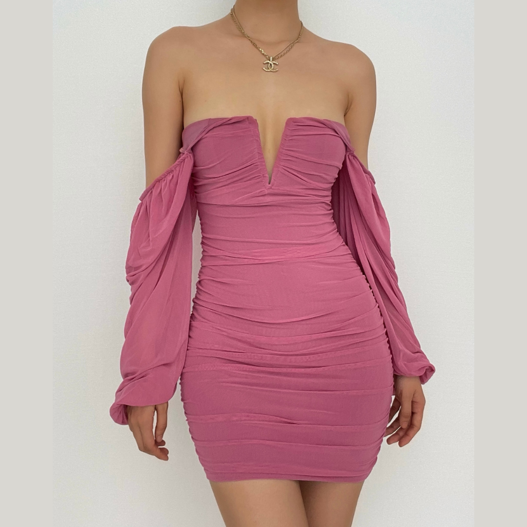 Stunning Mauve Off-Shoulder Ruched Mini Dress - Your Fall Party & Holiday Glam Go-To!