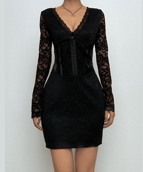The Enchantress Black Lace & Velvet Corset Mini Dress | Long Sleeve for Fall & Holiday Parties