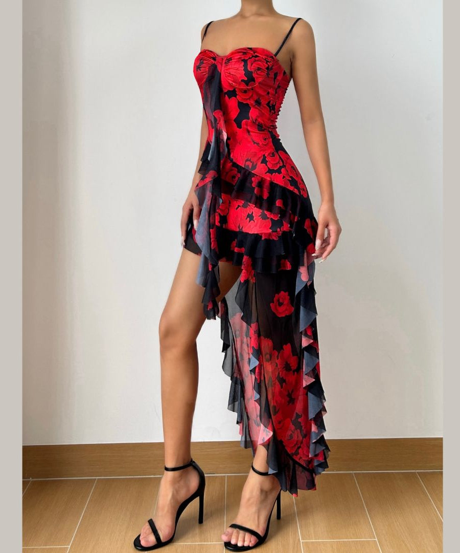 Dazzling Red Floral High-Low Ruffle Dress - Your Show-Stopping Fall & Holiday Party Essential