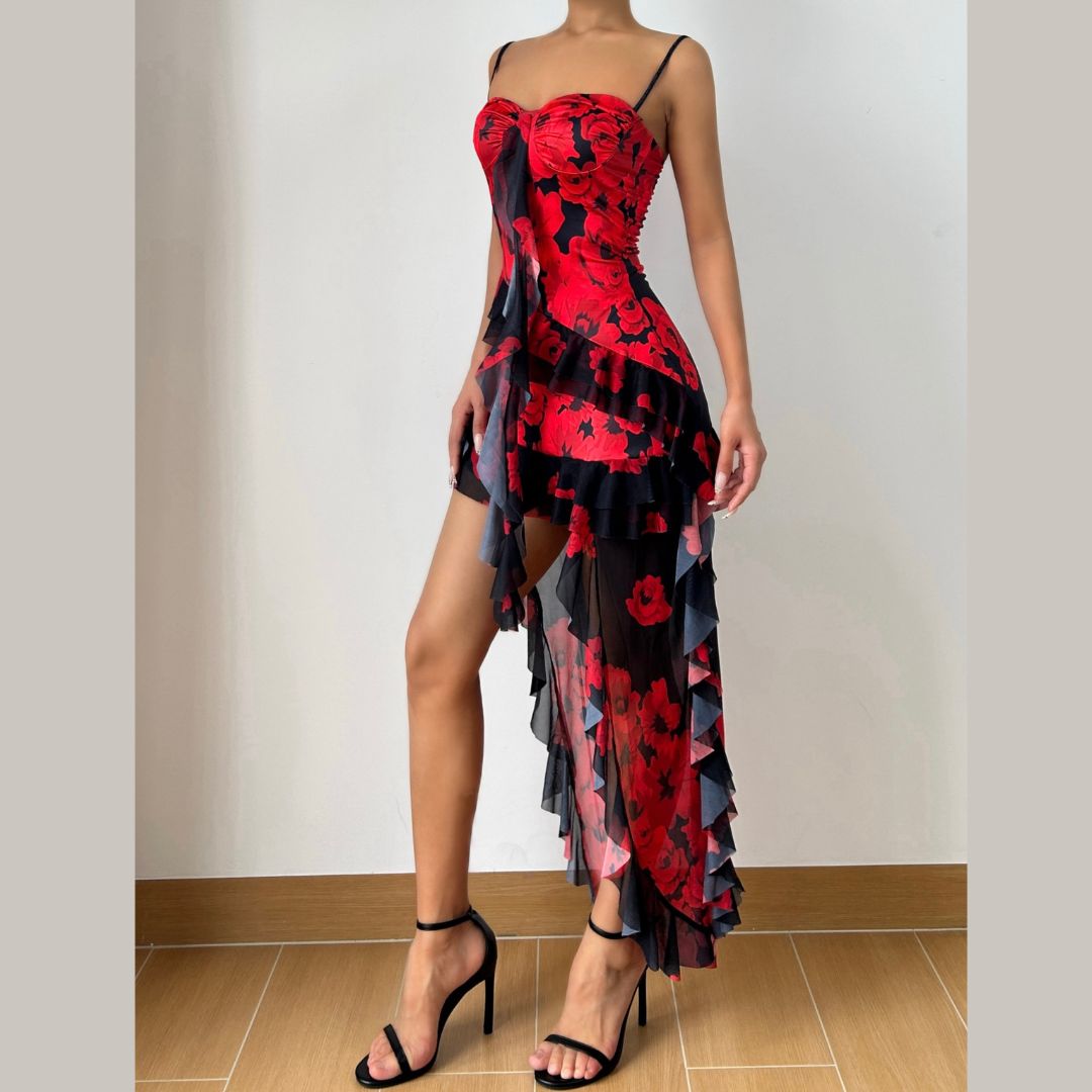 Dazzling Red Floral High-Low Ruffle Dress - Your Show-Stopping Fall & Holiday Party Essential