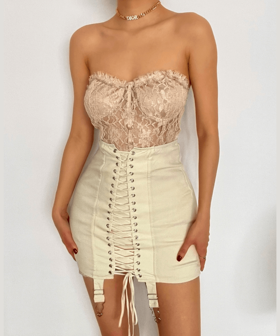 Fall's Edge: Cream Lace-Up Corset Mini Skirt with Garter Straps | High Waist Edgy Chic