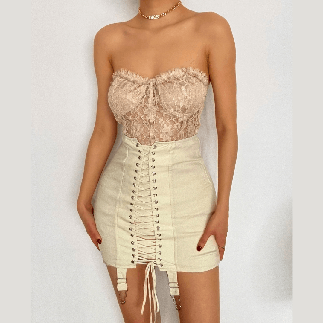 Fall's Edge: Cream Lace-Up Corset Mini Skirt with Garter Straps | High Waist Edgy Chic