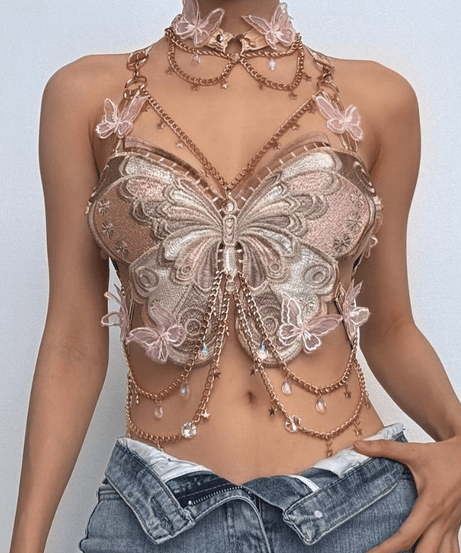 Enchanted Butterfly Halter Top & Body Chain with Choker | Festival Rave & Halloween Statement Piece