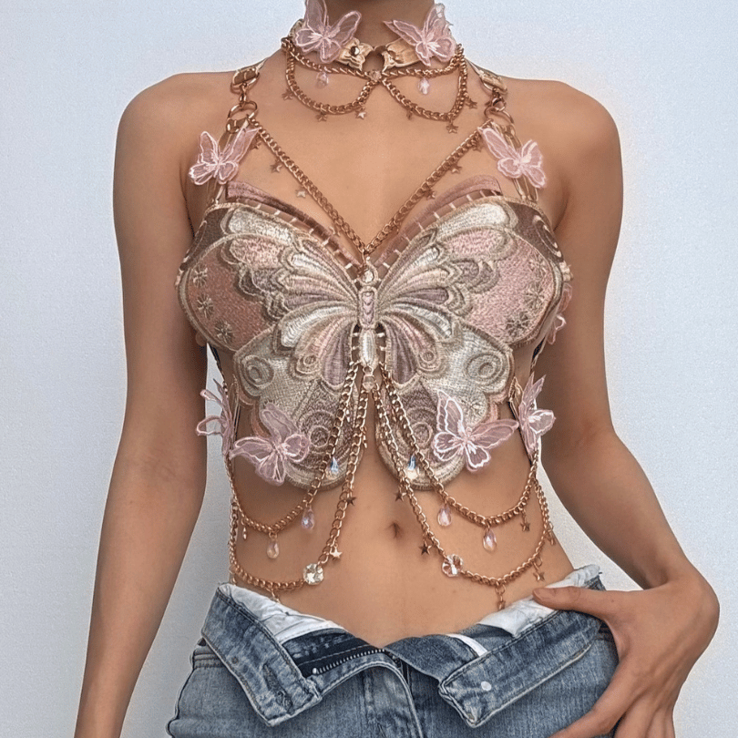 Enchanted Butterfly Halter Top & Body Chain with Choker | Festival Rave & Halloween Statement Piece