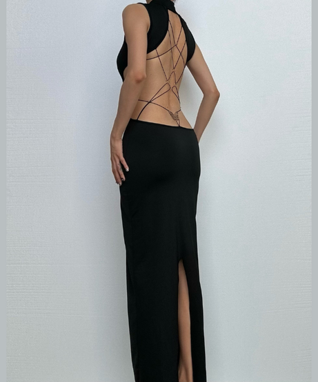 Sleek Black Backless Butterfly Chain Midi Dress with Thigh Slit – Fall & Holiday Event Ready