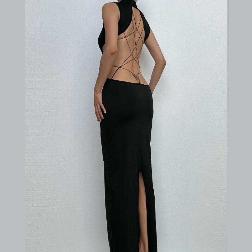 Sleek Black Backless Butterfly Chain Midi Dress with Thigh Slit – Fall & Holiday Event Ready
