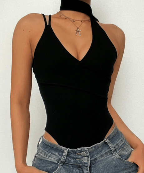 Chic Black Ribbed Halter Bodysuit with Asymmetrical Straps – Your Essential Fall Style