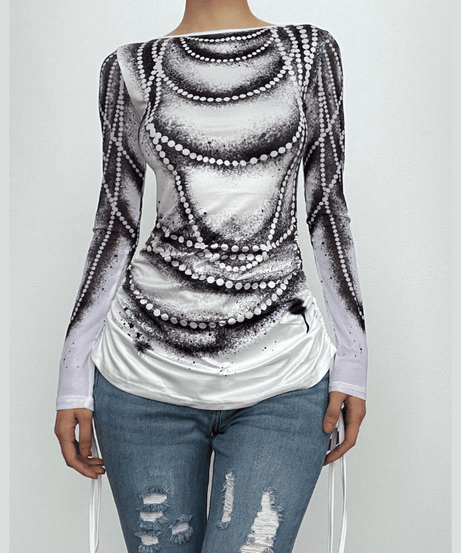 Dazzling Pearl Illusion Mesh Long Sleeve Top - Chic Drawstring Style for Fall & Holiday