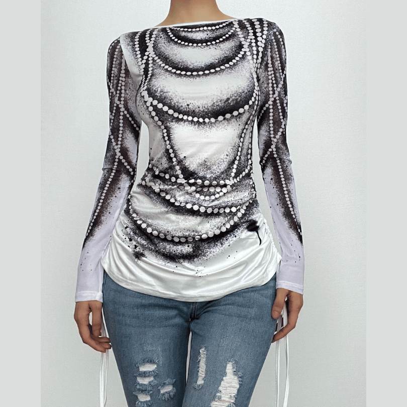 Dazzling Pearl Illusion Mesh Long Sleeve Top - Chic Drawstring Style for Fall & Holiday